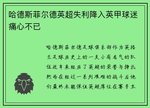 哈德斯菲尔德英超失利降入英甲球迷痛心不已 哈德斯菲尔德英超失利降入英甲球迷痛心不已
